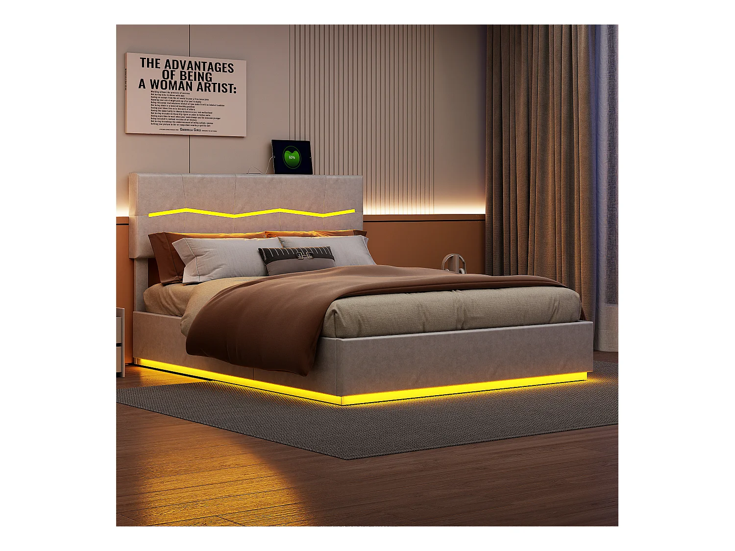 Cama com arrumação 180x200 cm, cabeceira estofada com LED e USB, grande arrumação debaixo da cama, tecido PU, bege