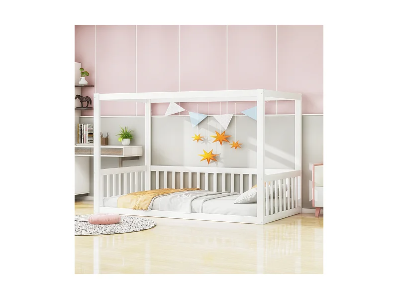 Kinderhimmelbett - 90 x 200 cm - ohne Lattenrost - Bettgestell - Holz - weiß