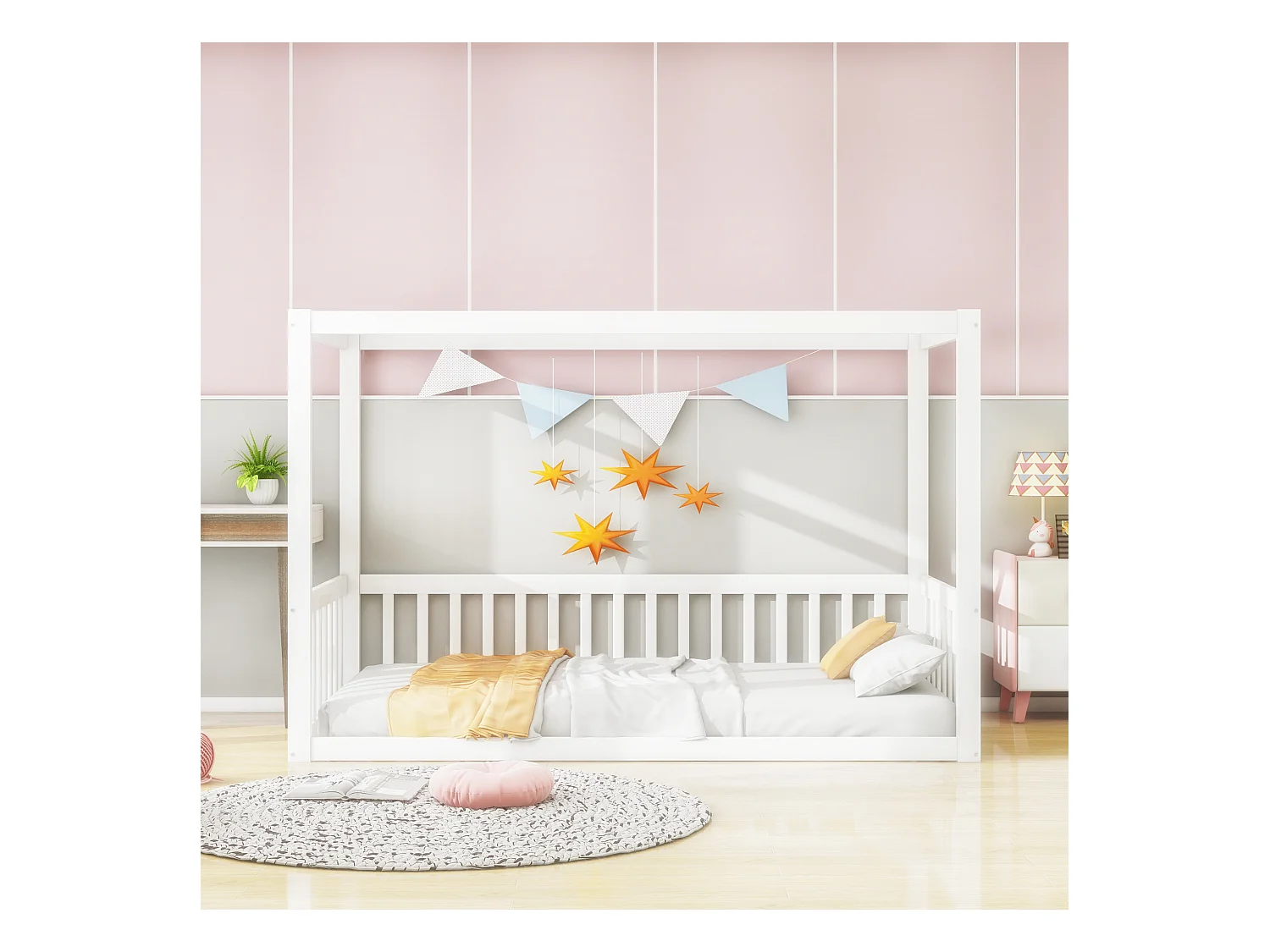 Lit à baldaquin pour enfant - 90 x 200 cm - sans sommier - cadre de lit - bois - blanc