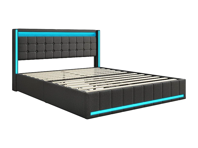 Cama de casal estofada 160 x 200 cm, armazenamento com carregamento USB, casal com cabeceira e LED, cinza escuro