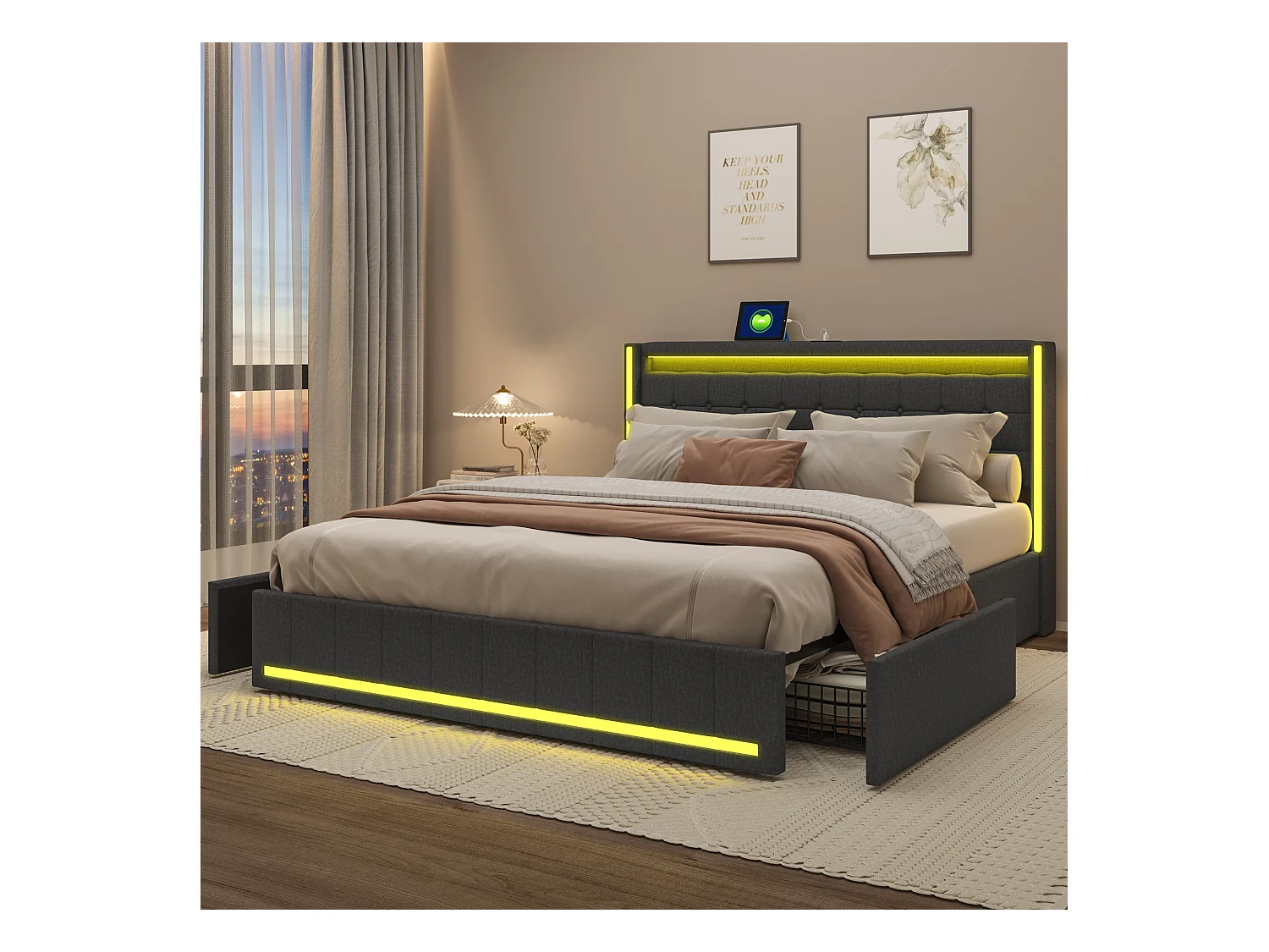 Letto matrimoniale imbottito 160 x 200 cm, contenitore con ricarica USB, matrimoniale con testiera e LED, grigio scuro