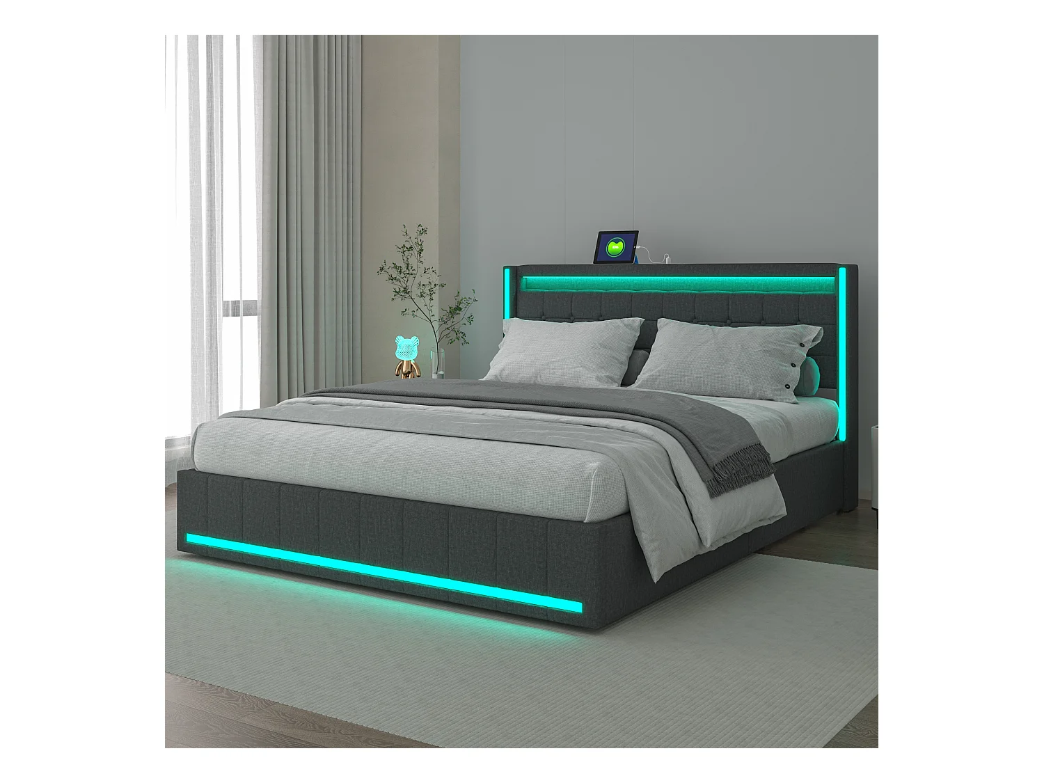 Letto matrimoniale imbottito 160 x 200 cm, contenitore con ricarica USB, matrimoniale con testiera e LED, grigio scuro