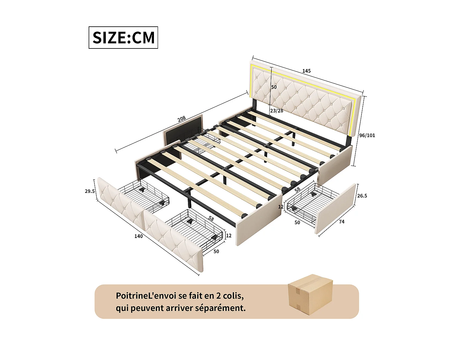 Cama estofada LED 140 x 200 cm, com 2 gavetas e estrado de ripas, cabeceira regulável, PU, bege