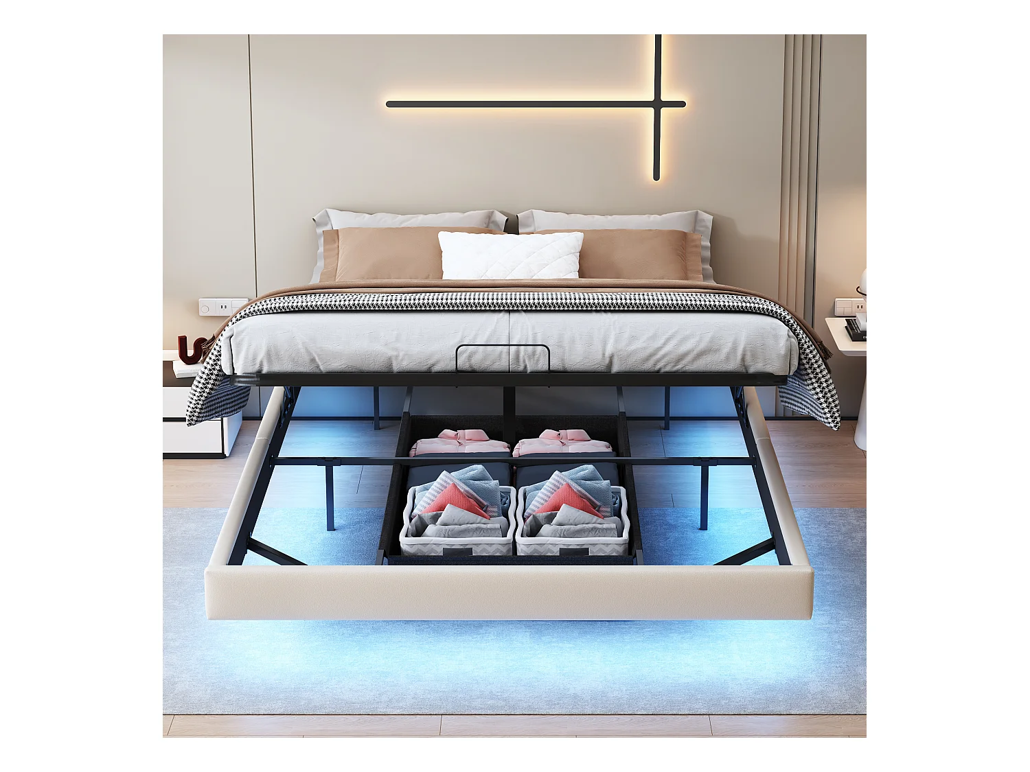 Lit 160x200 cm, Lit Flottant avec LED et Espace de Rangement, Cadre de Lit sans Tête de Lit,Beige