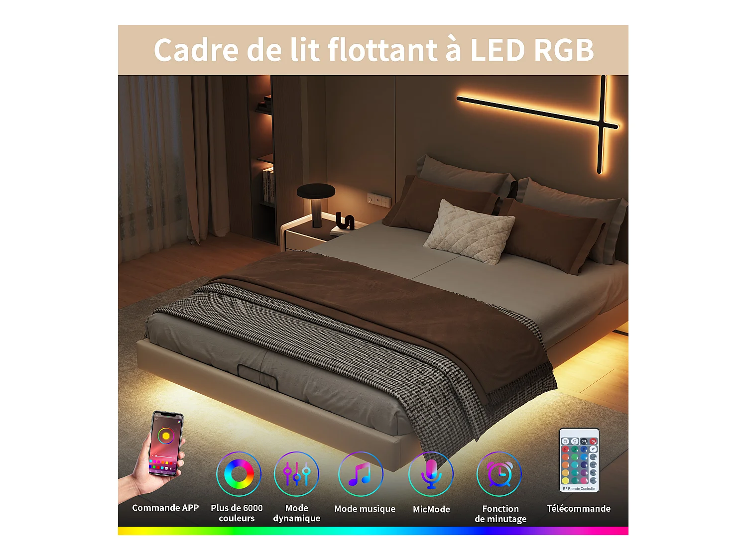 Lit 160x200 cm, Lit Flottant avec LED et Espace de Rangement, Cadre de Lit sans Tête de Lit,Beige