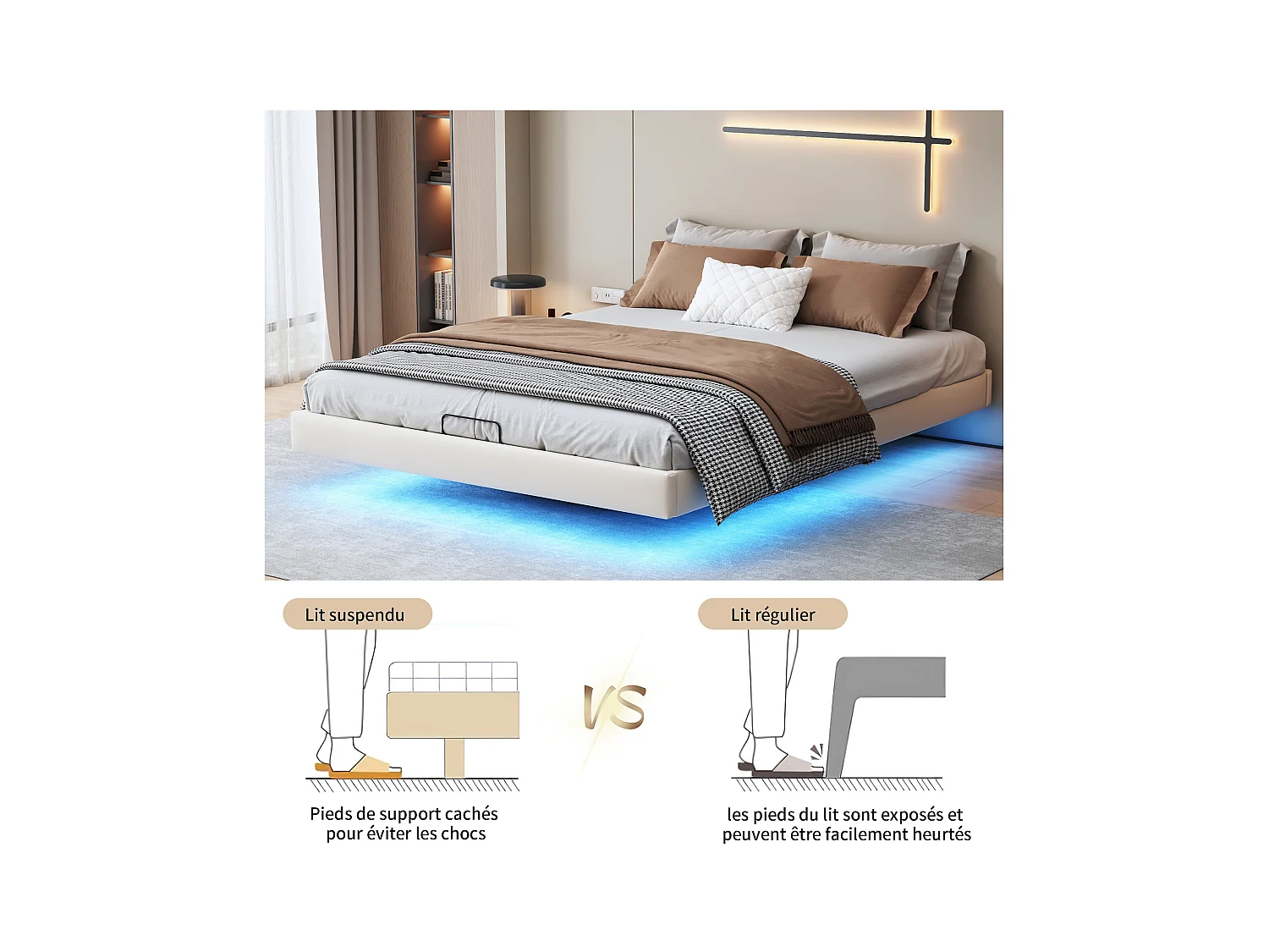 Lit 160x200 cm, Lit Flottant avec LED et Espace de Rangement, Cadre de Lit sans Tête de Lit,Beige