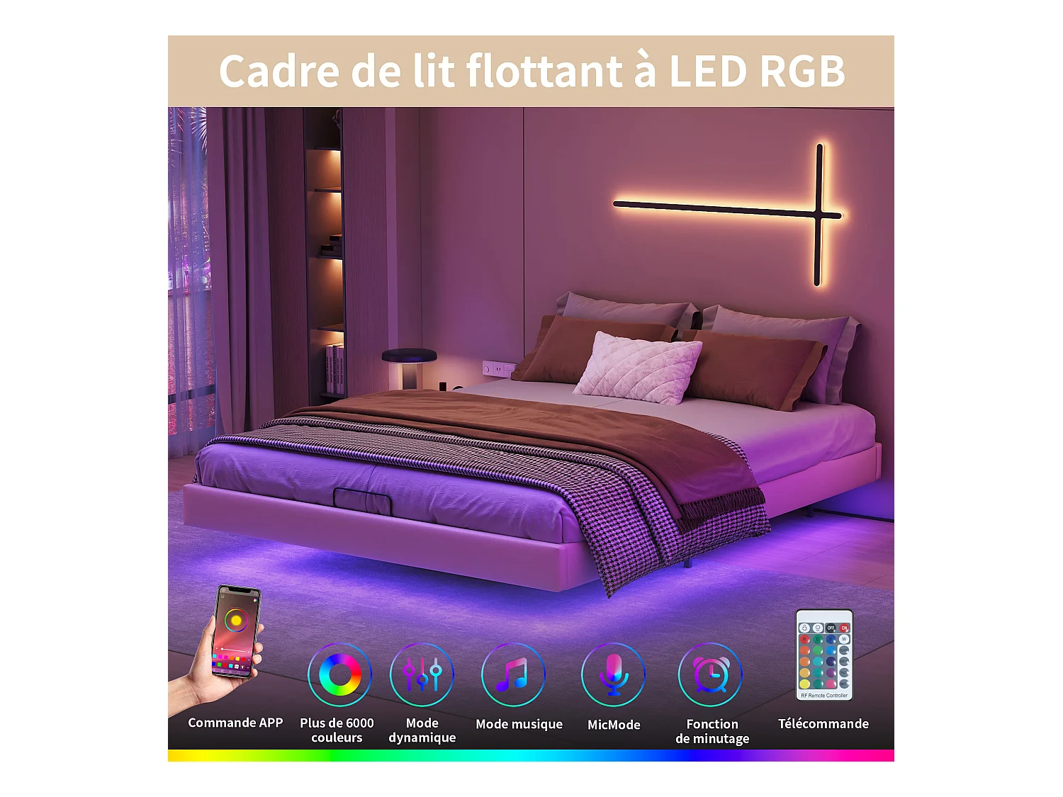 Lit 160x200 cm, Lit Flottant avec LED et Espace de Rangement, Cadre de Lit sans Tête de Lit,Beige