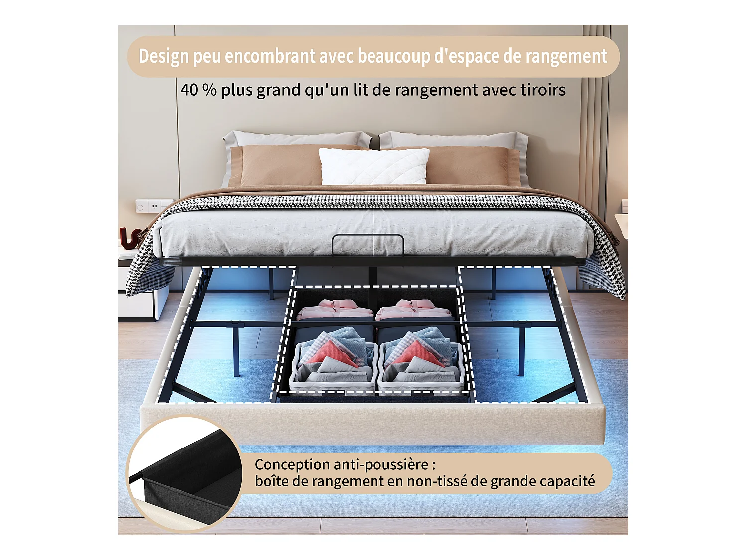 Lit 160x200 cm, Lit Flottant avec LED et Espace de Rangement, Cadre de Lit sans Tête de Lit,Beige