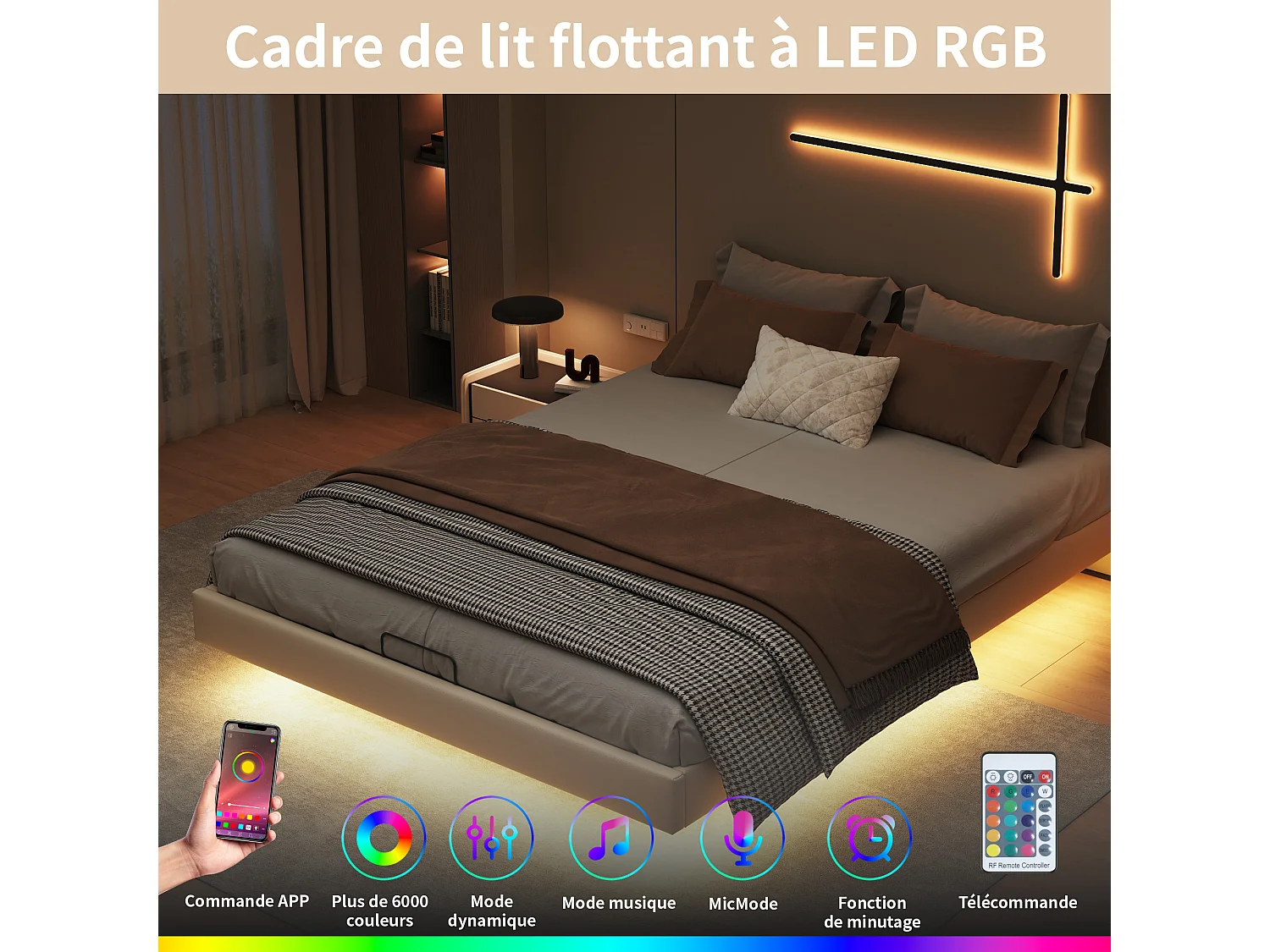 Lit 160x200 cm, Lit Flottant avec LED et Espace de Rangement, Cadre de Lit sans Tête de Lit,Beige
