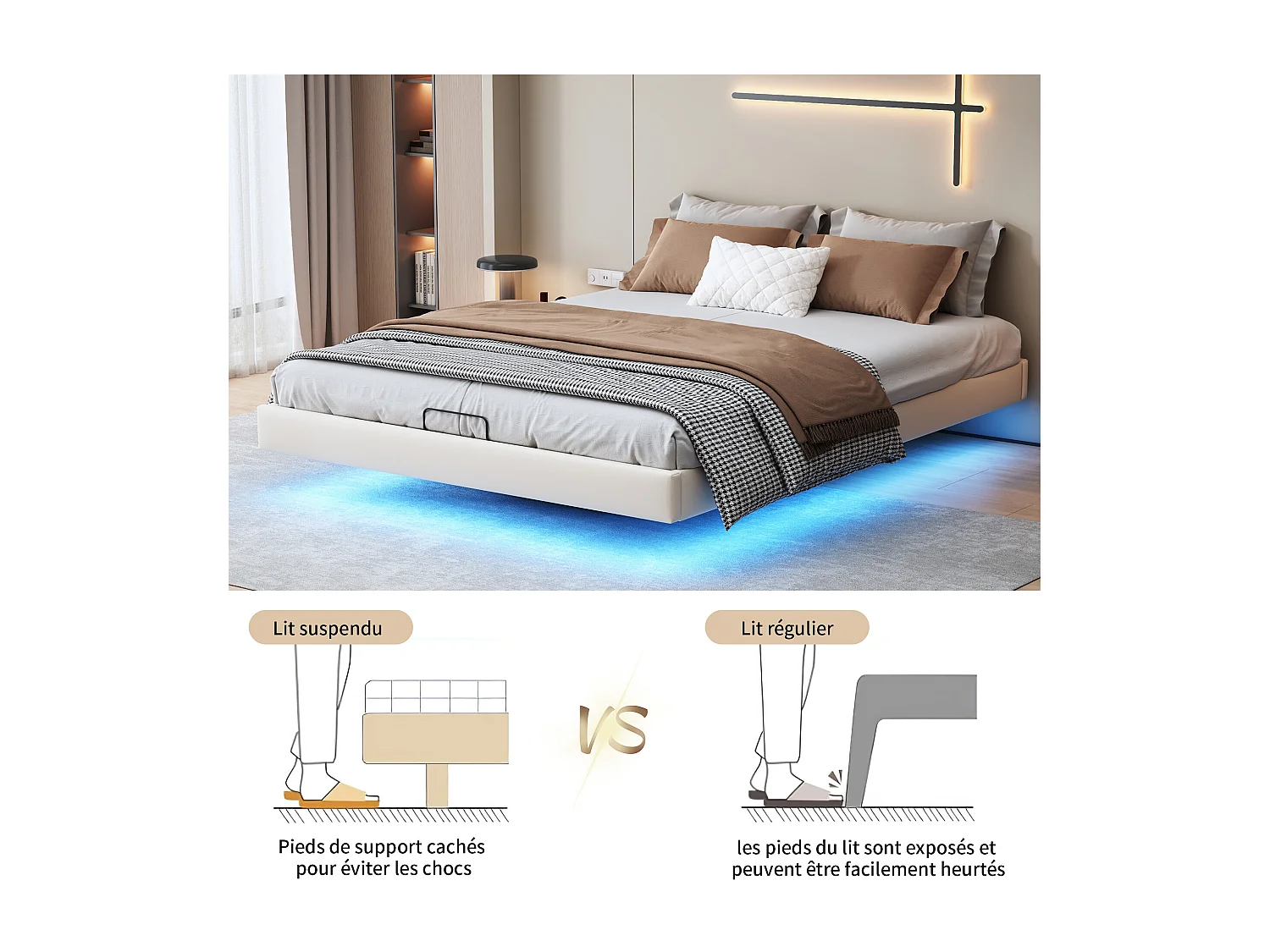 Lit 160x200 cm, Lit Flottant avec LED et Espace de Rangement, Cadre de Lit sans Tête de Lit,Beige