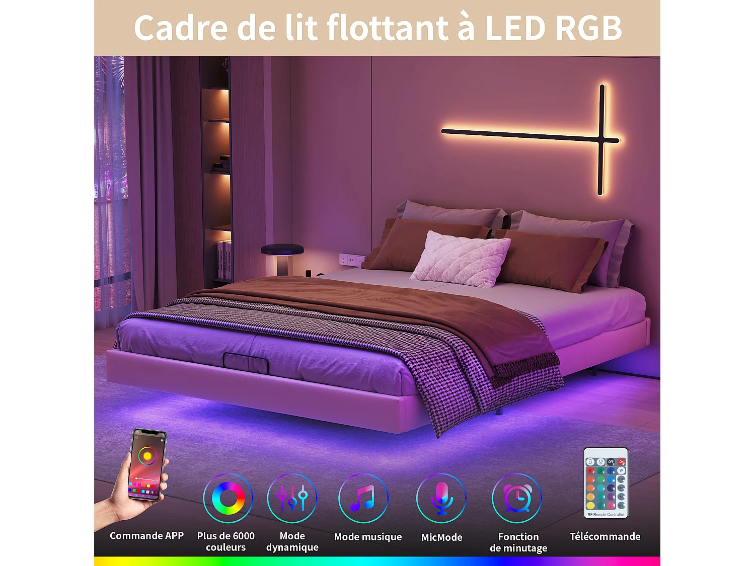 Lit 160x200 cm, Lit Flottant avec LED et Espace de Rangement, Cadre de Lit sans Tête de Lit,Beige