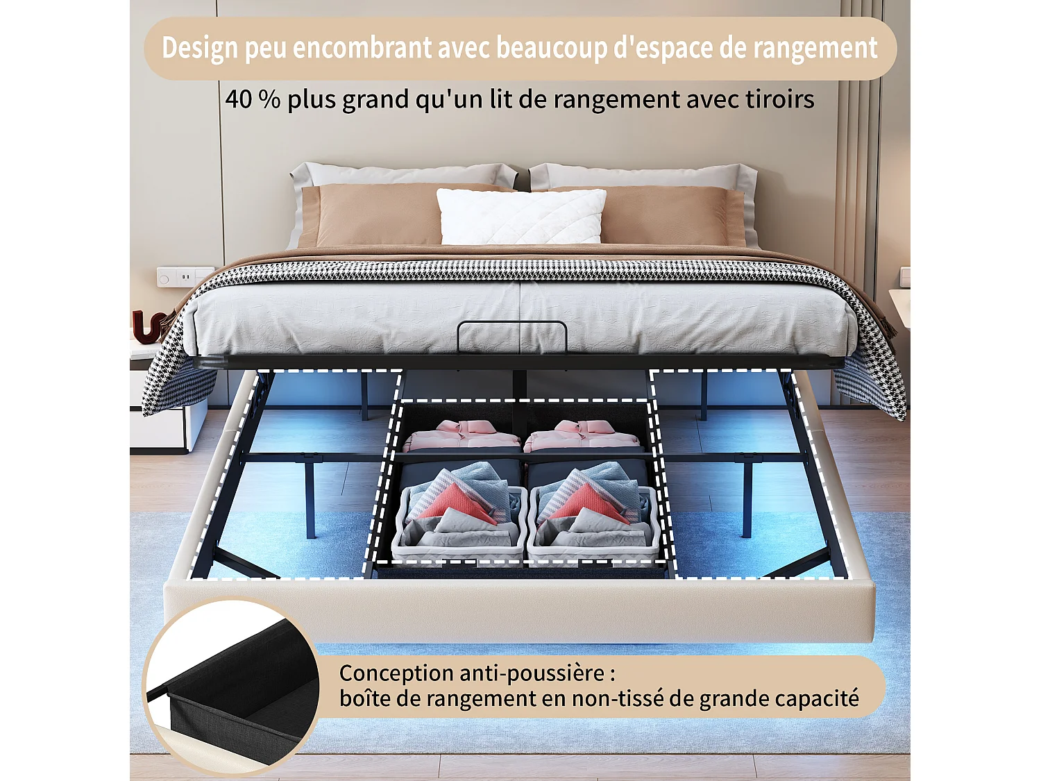 Lit 160x200 cm, Lit Flottant avec LED et Espace de Rangement, Cadre de Lit sans Tête de Lit,Beige
