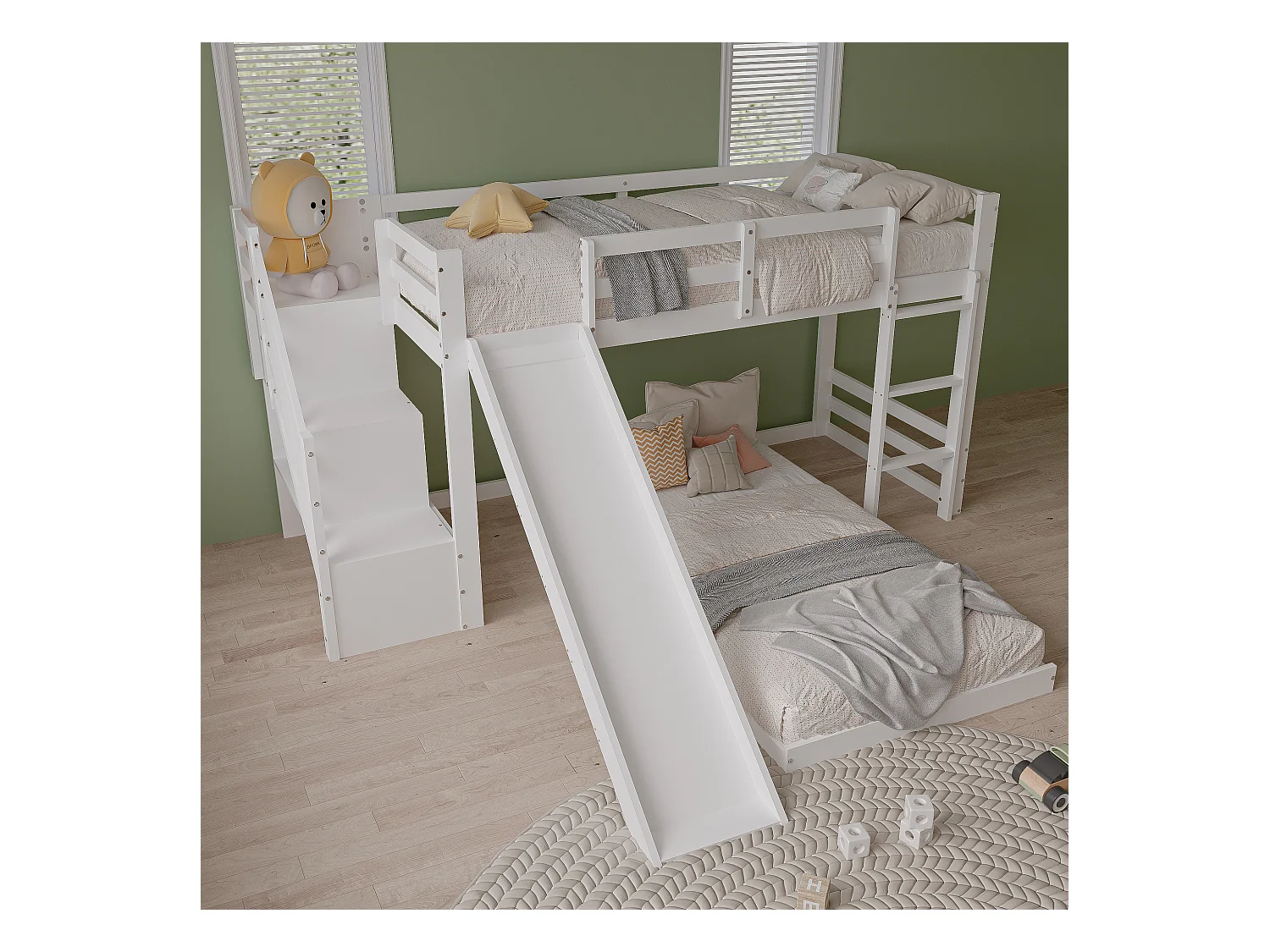 Beliche infantil, 90x200 cm, com escada, escorregador e base de ripas, pinho, branco