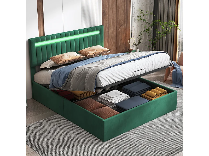 Letto matrimoniale imbottito, 140 x 200 cm, con LED e rete a doghe, vano contenitore, velluto, verde