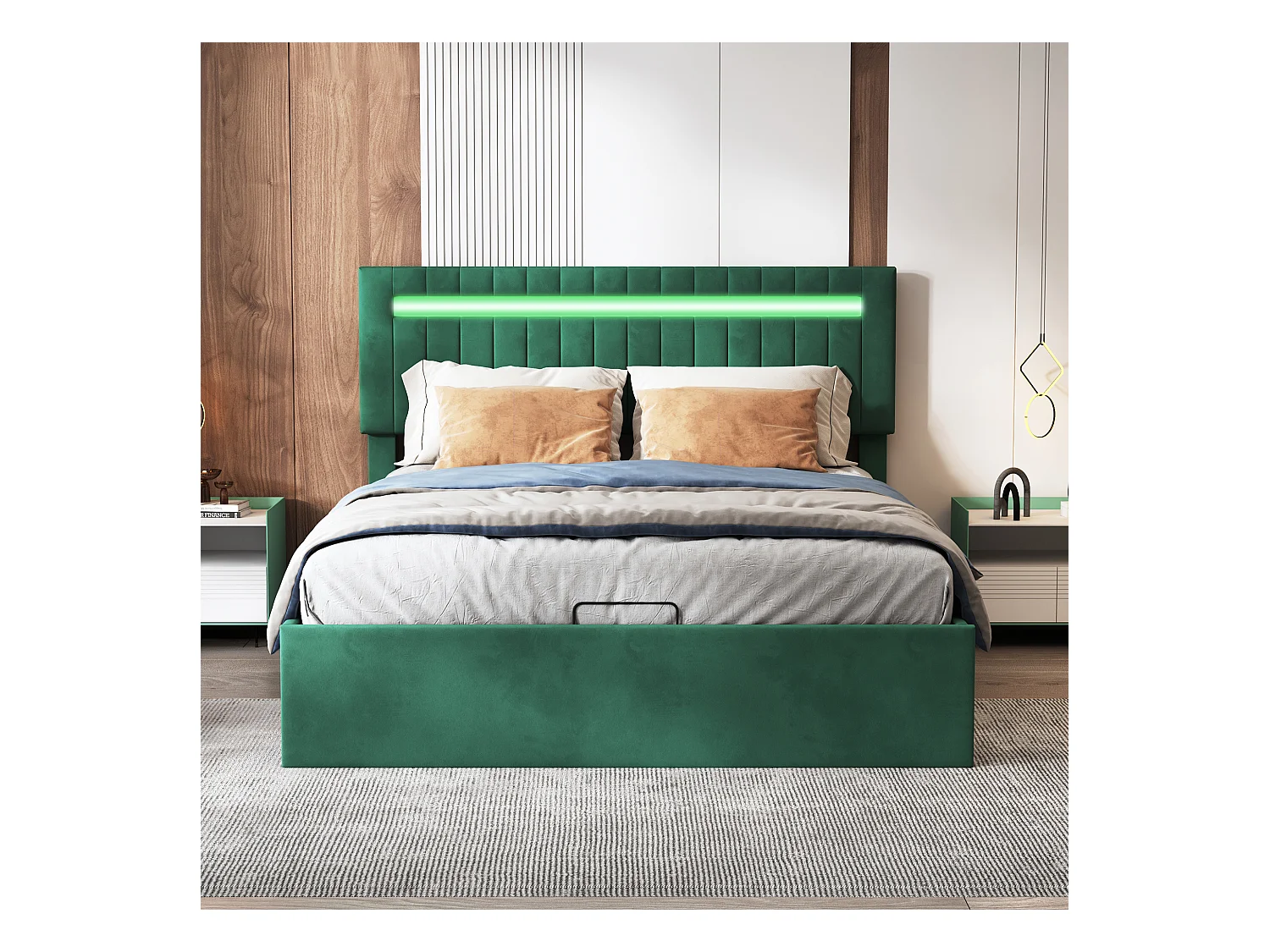 Letto matrimoniale imbottito, 140 x 200 cm, con LED e rete a doghe, vano contenitore, velluto, verde