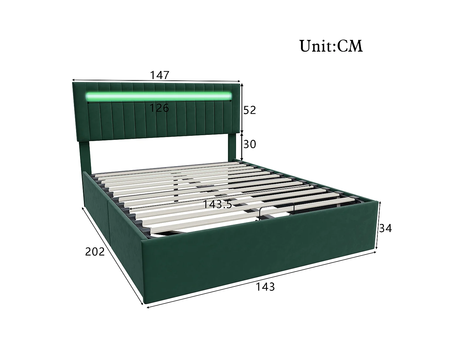 Letto matrimoniale imbottito, 140 x 200 cm, con LED e rete a doghe, vano contenitore, velluto, verde