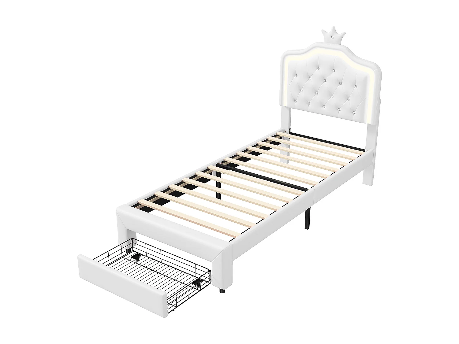 Gestoffeerd bed, Bedframe 90 x 200 cm, met LED-lampen en lattenbodem en rugleuning, PU, Beige