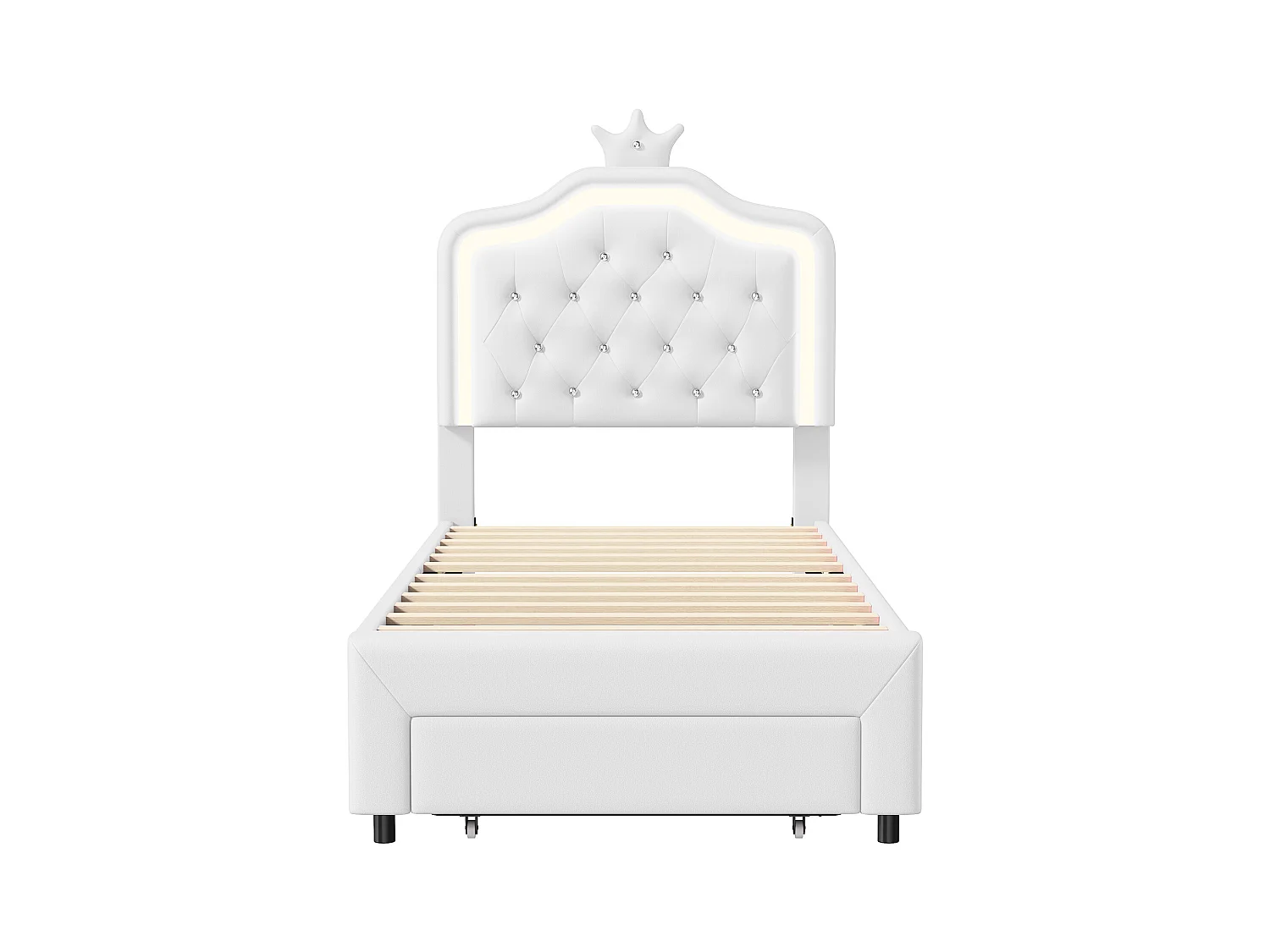 Gestoffeerd bed, Bedframe 90 x 200 cm, met LED-lampen en lattenbodem en rugleuning, PU, Beige