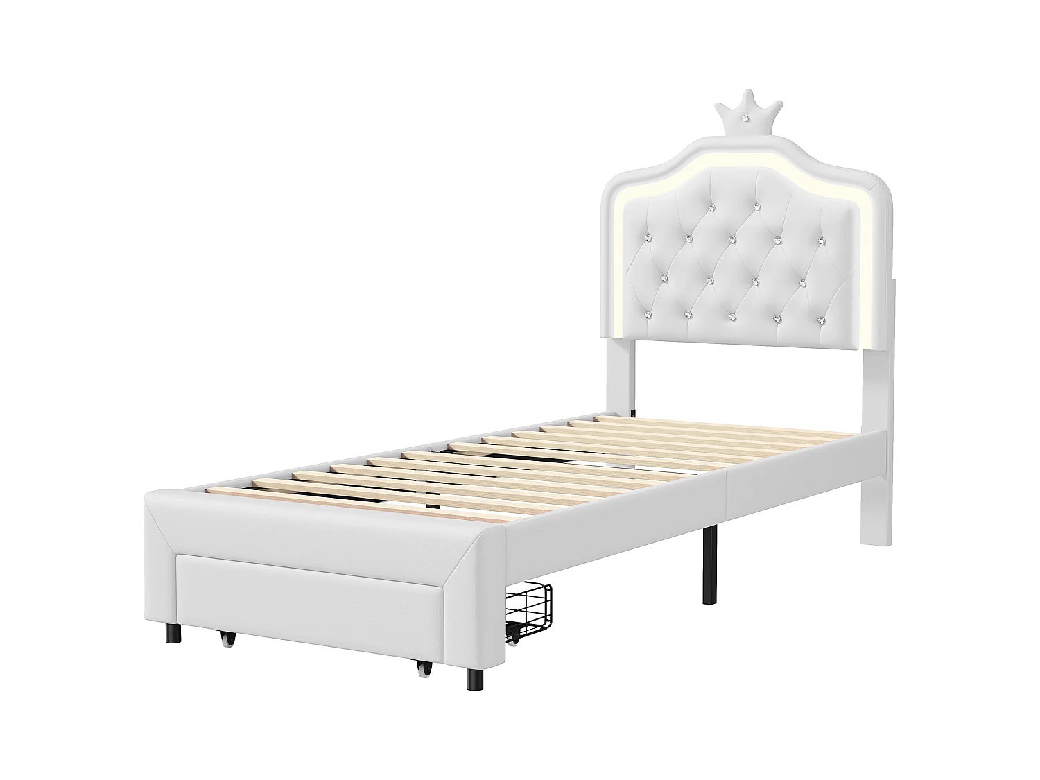 Gestoffeerd bed, Bedframe 90 x 200 cm, met LED-lampen en lattenbodem en rugleuning, PU, Beige