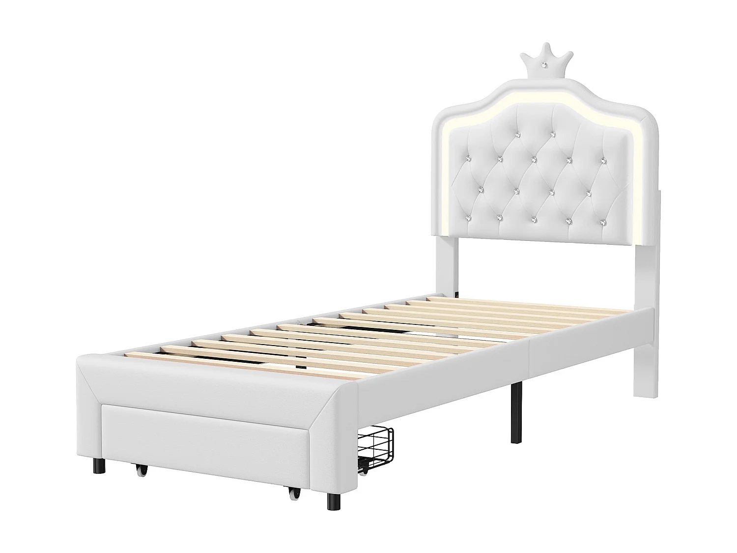 Letto imbottito, Struttura letto 90 x 200 cm, con lampade a LED e rete a doghe e schienale, PU, Beige