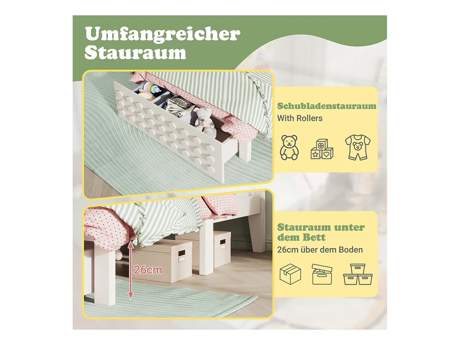 Lit simple en bois - 90 x 190 cm - au design créatif en blocs - avec sommier à lattes + 1 tiroir - bois massif + MDF - blanc