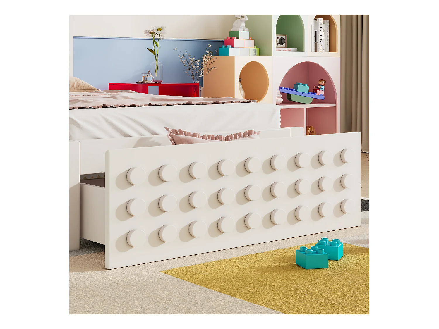 Lit simple en bois - 90 x 190 cm - au design créatif en blocs - avec sommier à lattes + 1 tiroir - bois massif + MDF - blanc