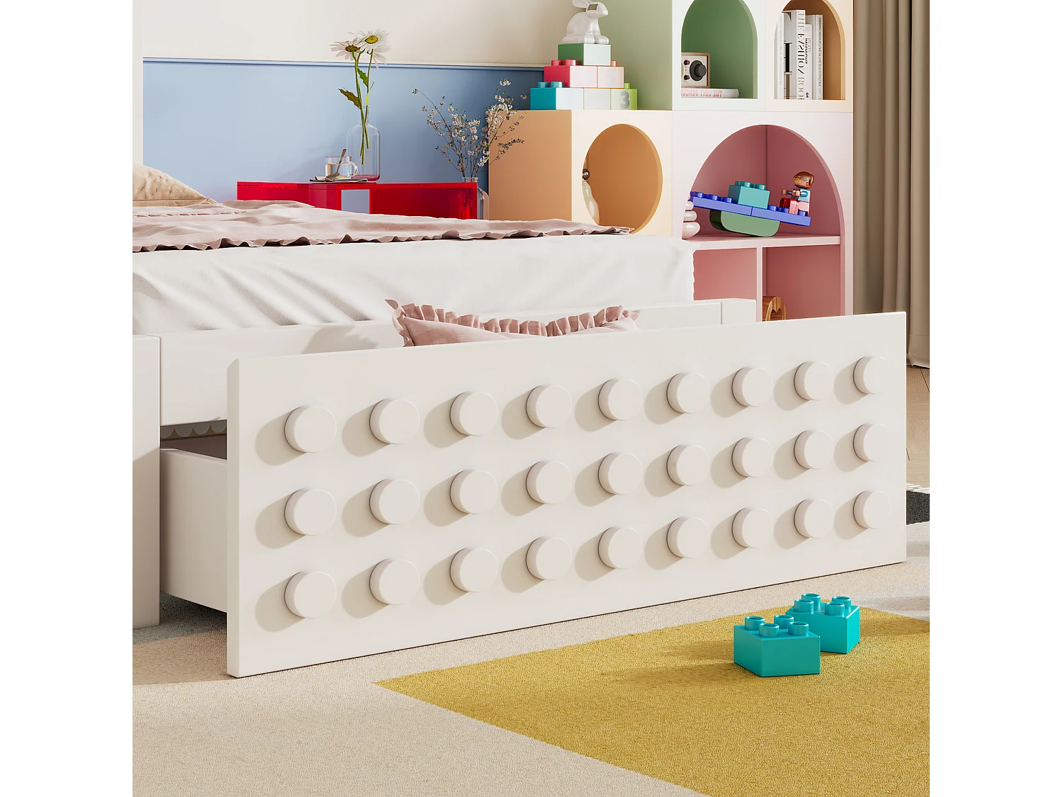 Lit simple en bois - 90 x 190 cm - au design créatif en blocs - avec sommier à lattes + 1 tiroir - bois massif + MDF - blanc