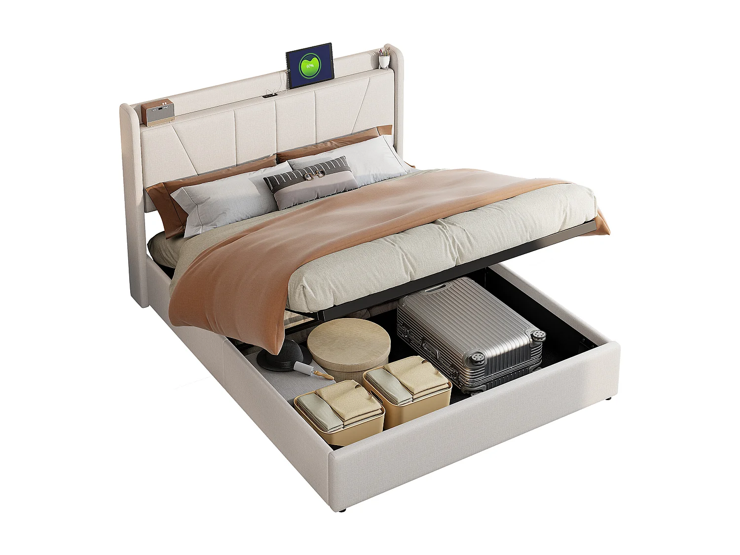 Letto matrimoniale imbottito 140 x 200 cm, con vano contenitore, struttura letto con USB/Type C, beige
