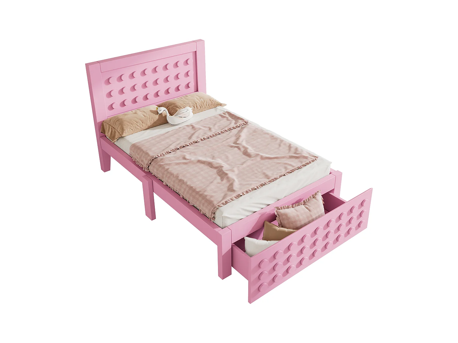 Lit simple en bois - 90 x 200 cm - au design créatif en blocs - avec sommier à lattes + 1 tiroir - bois massif + MDF - rose