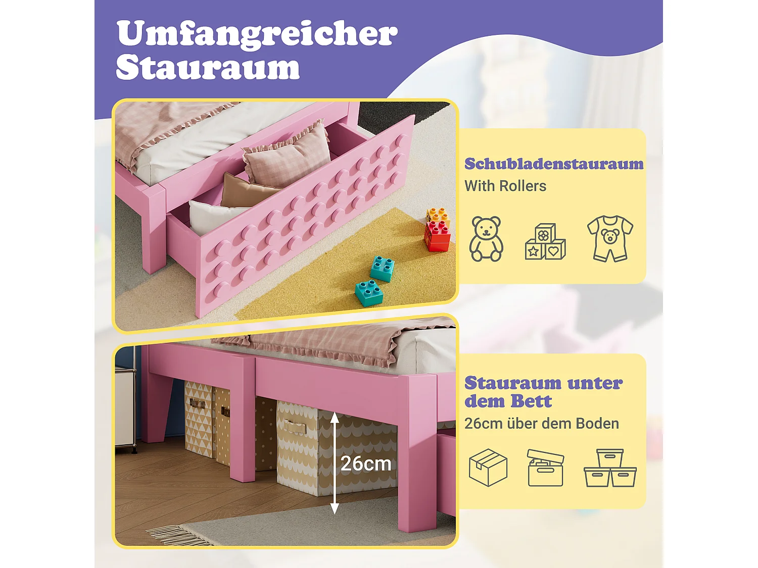 Lit simple en bois - 90 x 200 cm - au design créatif en blocs - avec sommier à lattes + 1 tiroir - bois massif + MDF - rose