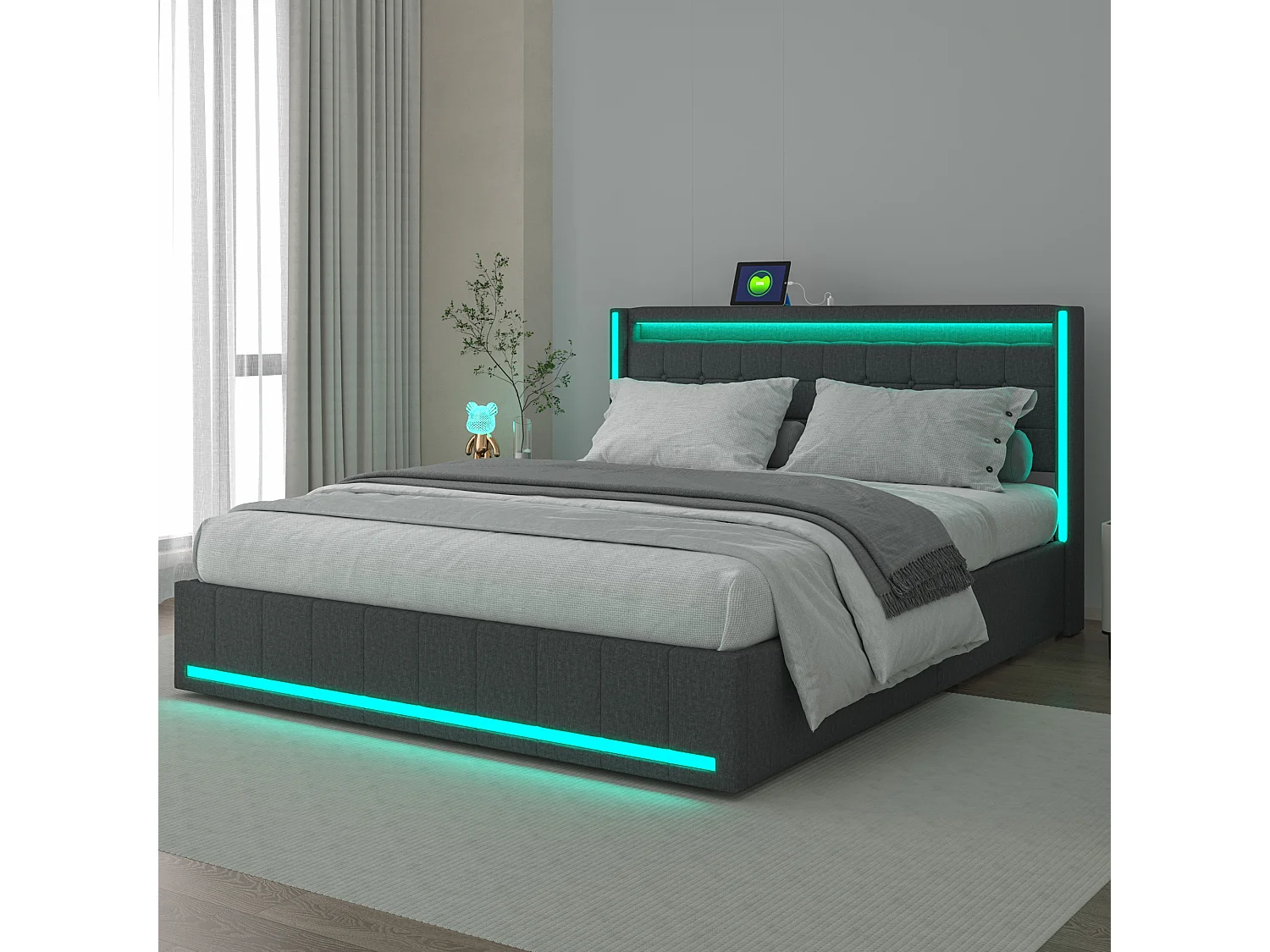Cama de casal estofada 140 x 200 cm, armazenamento com carregamento USB, casal com cabeceira e LED, cinza escuro