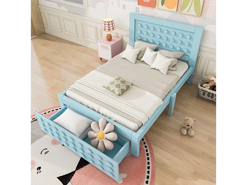 Holz-Einzelbett - 90 x 200 cm - kreatives Block-Design - mit Lattenrost + 1 Schublade - Massivholz + MDF - blau