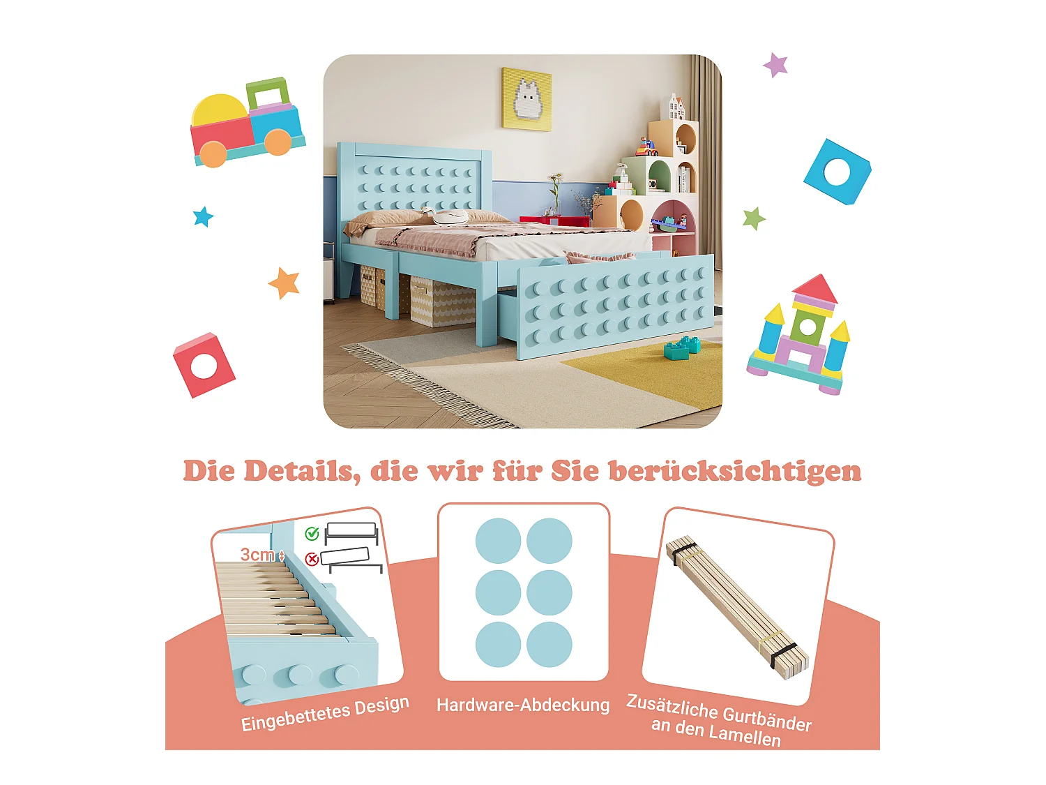 Lit simple en bois - 90 x 200 cm - au design créatif en blocs - avec sommier à lattes + 1 tiroir - bois massif + MDF - bleu