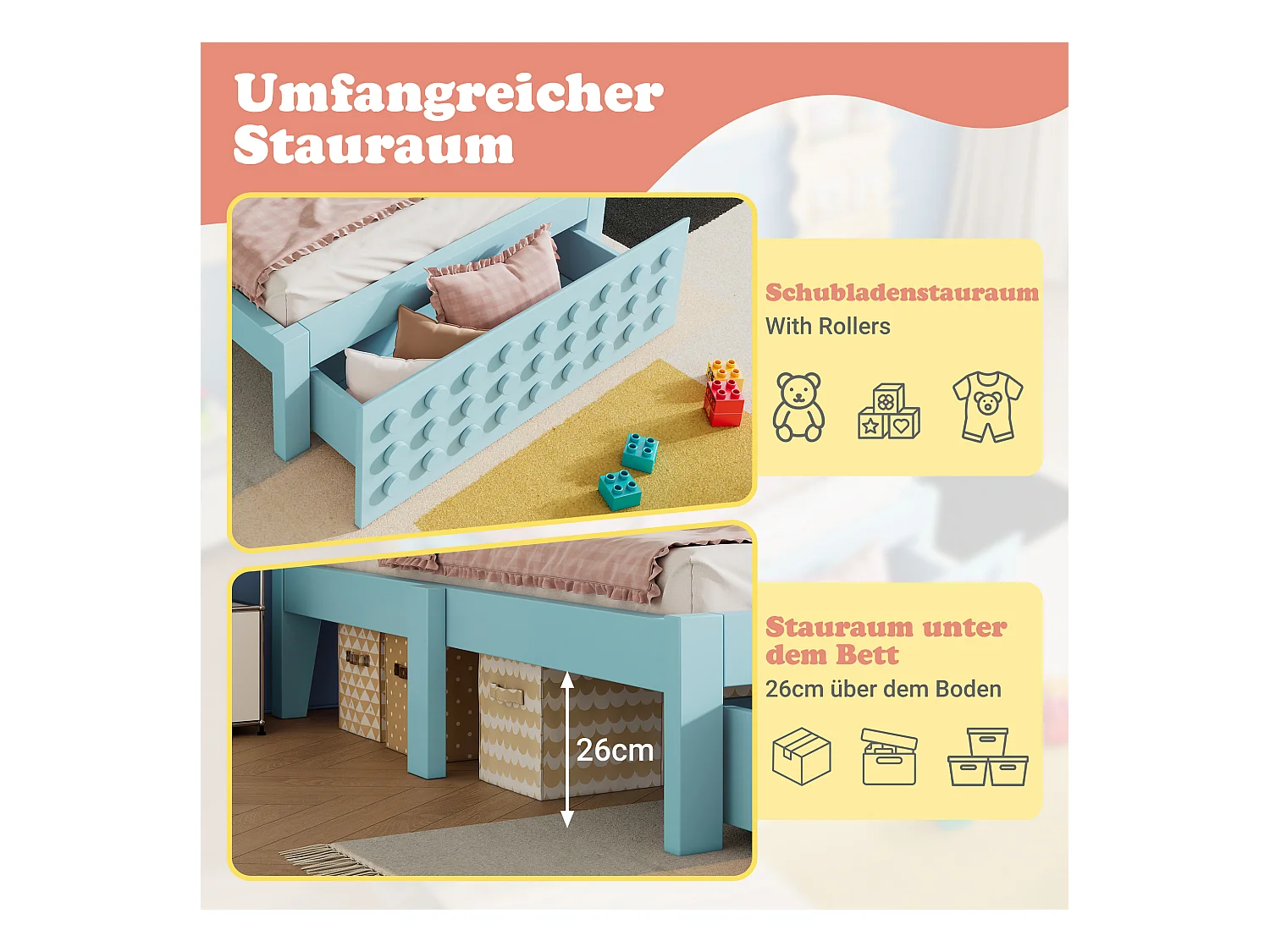 Lit simple en bois - 90 x 200 cm - au design créatif en blocs - avec sommier à lattes + 1 tiroir - bois massif + MDF - bleu