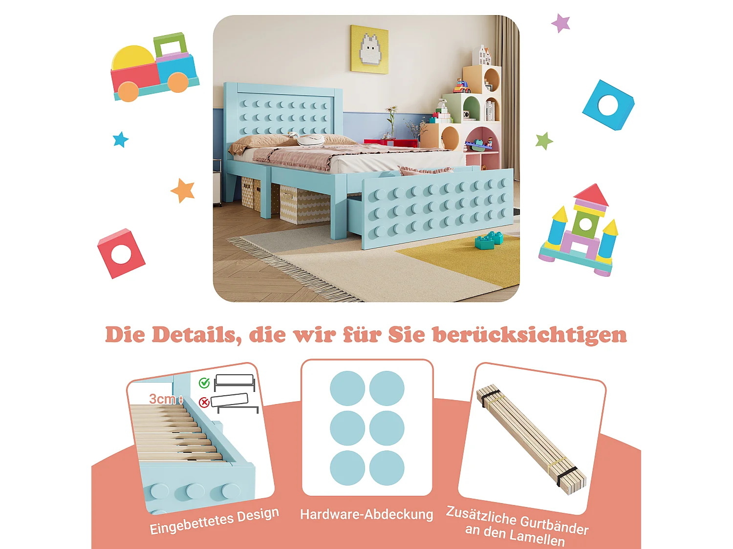 Lit simple en bois - 90 x 200 cm - au design créatif en blocs - avec sommier à lattes + 1 tiroir - bois massif + MDF - bleu