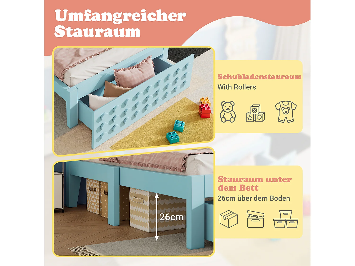 Lit simple en bois - 90 x 200 cm - au design créatif en blocs - avec sommier à lattes + 1 tiroir - bois massif + MDF - bleu