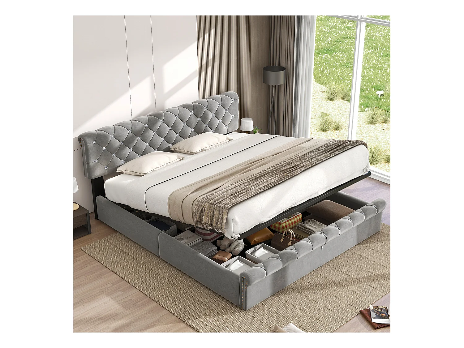 Camas estofadas 160 x 200 cm, Estrutura de cama adulto com estrado de ripas e cabeceira, Veludo, Cinza