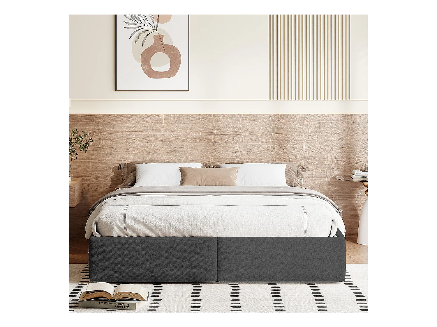 Cama de plataforma 140 x 200 cm, cama de casal, com arrumação e 2 gavetas, com estrado de ripas, cinza