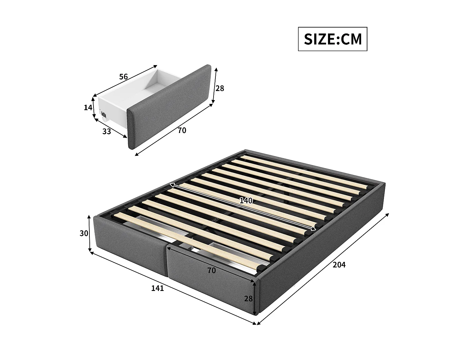Platformbed 140 x 200 cm, tweepersoonsbed, met opbergruimte en 2 lades, met lattenbodem, grijs