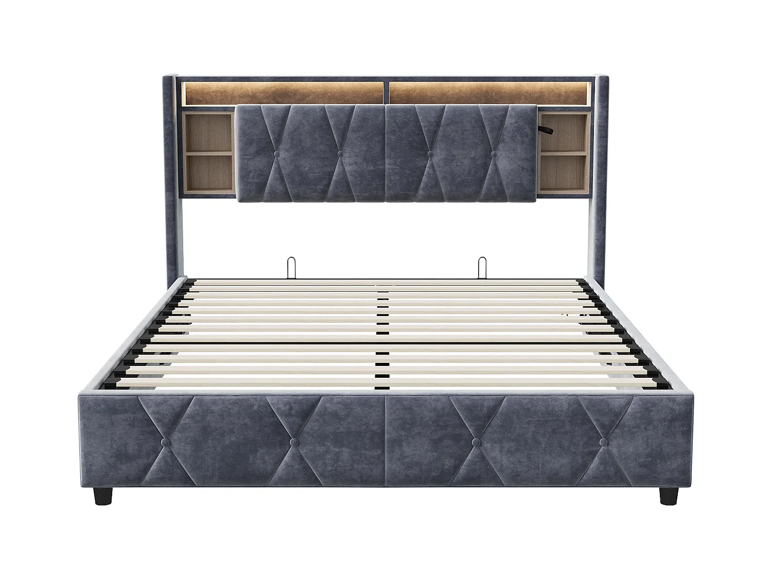 Lit Coffre 160x200 avec LED,LIT Rembourré Hydraulique Tete de Lit et Sommier à Lattes,Gris,Velours