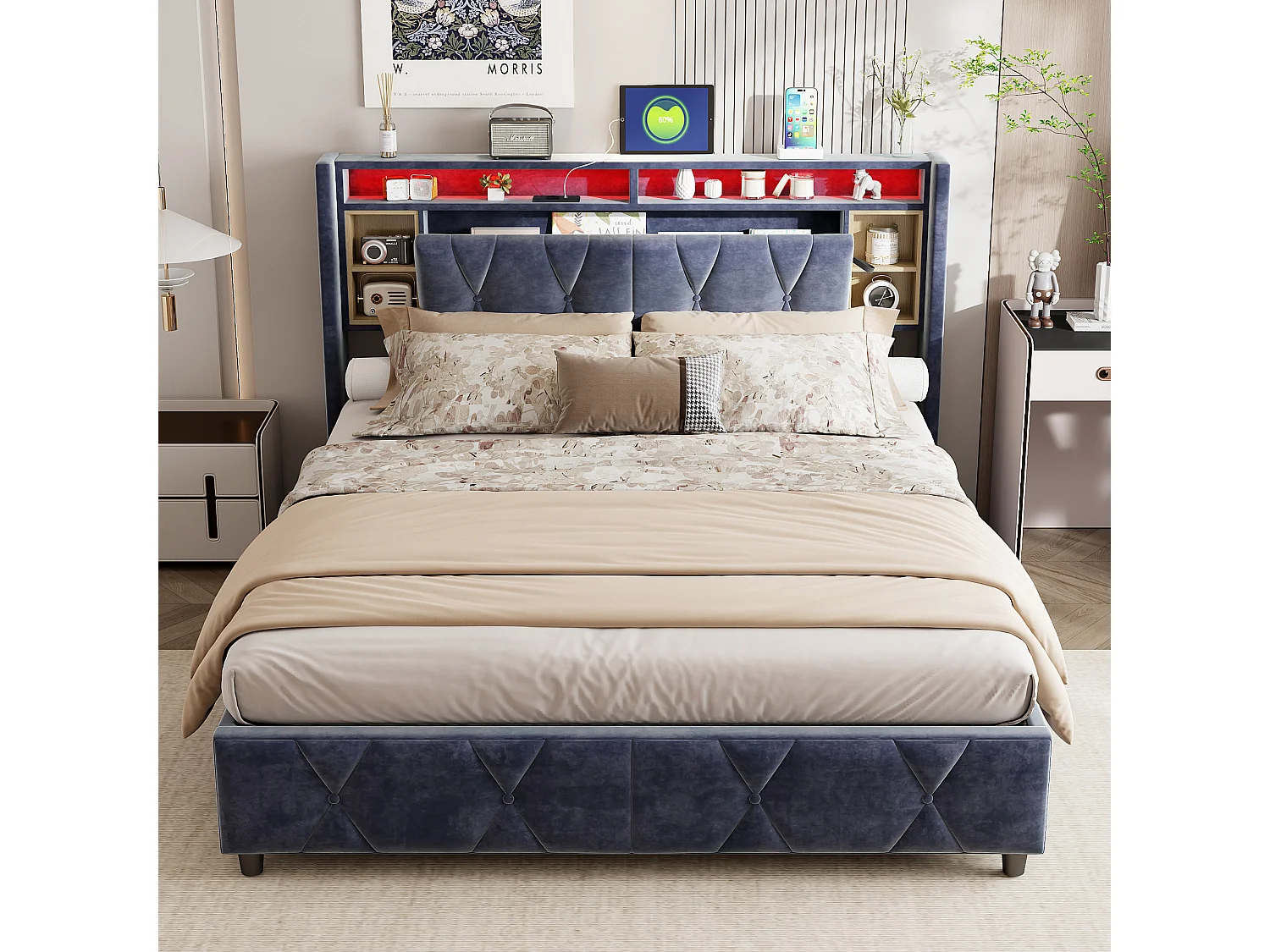 160x200 Opbergbed met LED, hydraulisch gestoffeerd bed, hoofdeinde en lattenbodem, grijs, fluweel