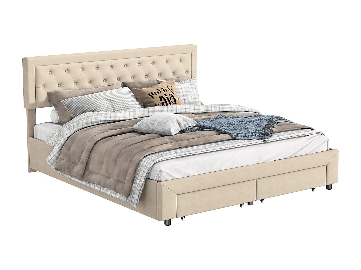 Lit Coffre 180x200 cm avec 2 Tiroirs, Lit Double avec Sommier à Lattes et Tête de Lit, Velours,Beige