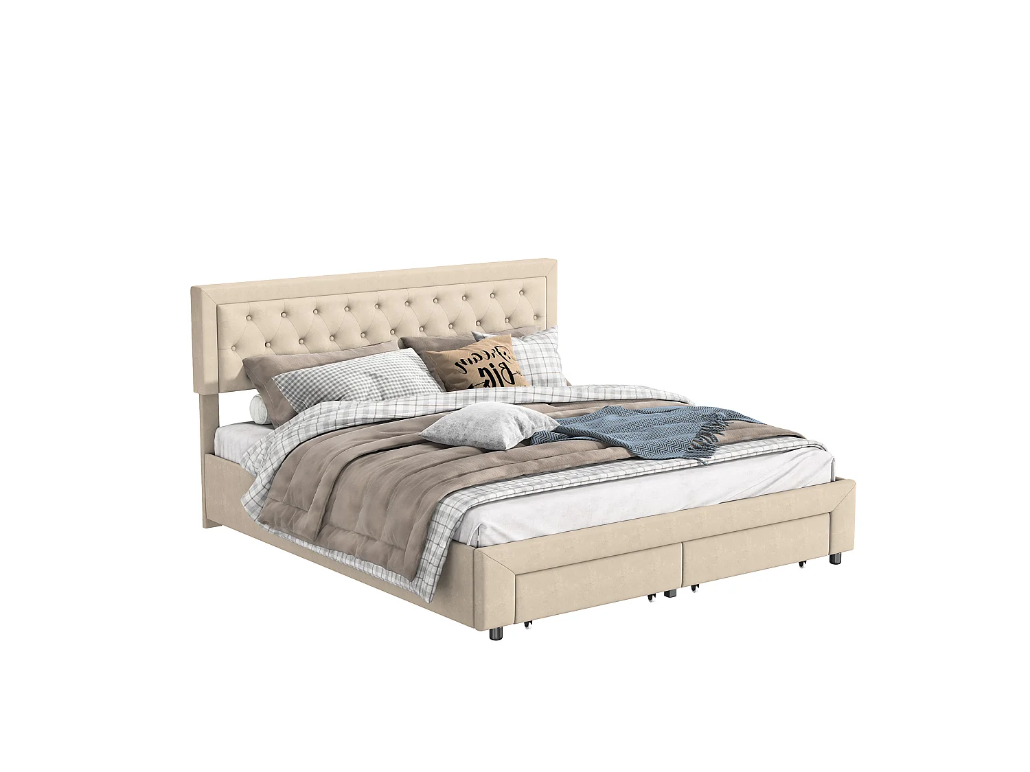 Lit Coffre 180x200 cm avec sommier à Lattes, Lits Hydraulique avec 2 Tiroirs, avec Espace de Rangement Caché, Lits 2 Personnes, sans Matelas, Velours, Beige