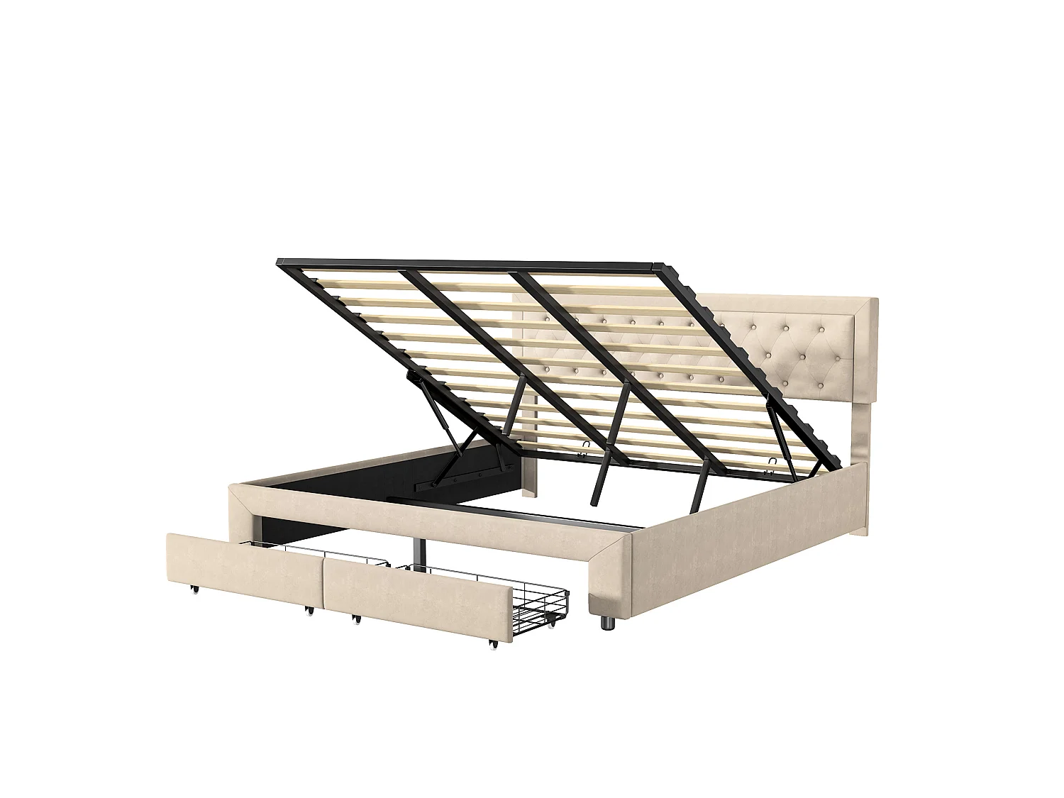 Lit Coffre 180x200 cm avec sommier à Lattes, Lits Hydraulique avec 2 Tiroirs, avec Espace de Rangement Caché, Lits 2 Personnes, sans Matelas, Velours, Beige