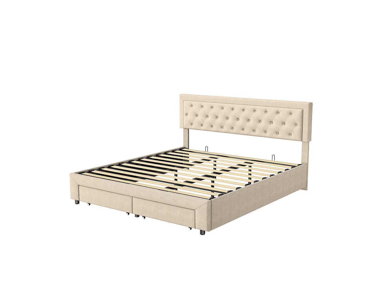 Lit Coffre 180x200 cm avec sommier à Lattes, Lits Hydraulique avec 2 Tiroirs, avec Espace de Rangement Caché, Lits 2 Personnes, sans Matelas, Velours, Beige