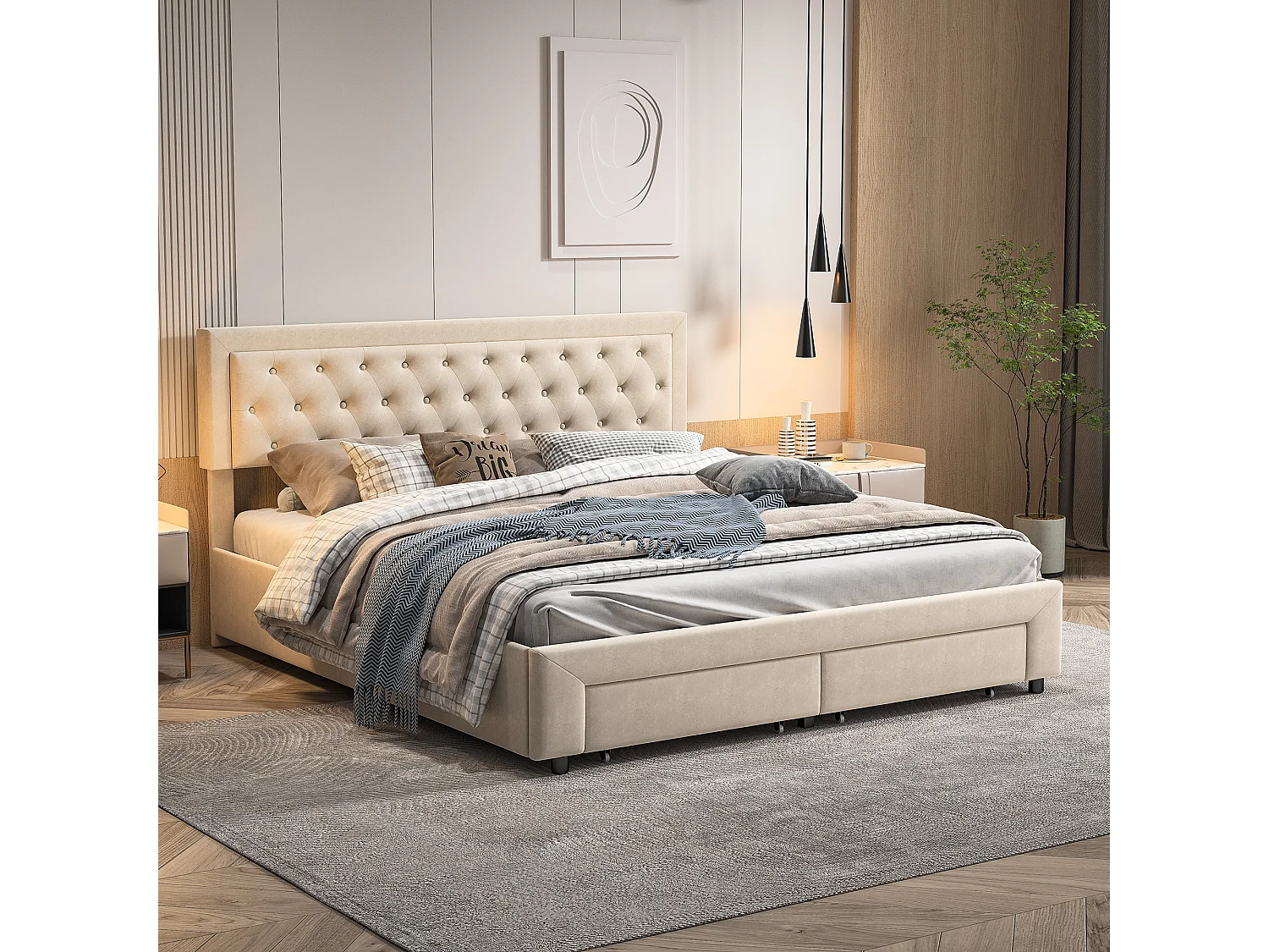 Lit Coffre 180x200 cm avec sommier à Lattes, Lits Hydraulique avec 2 Tiroirs, avec Espace de Rangement Caché, Lits 2 Personnes, sans Matelas, Velours, Beige