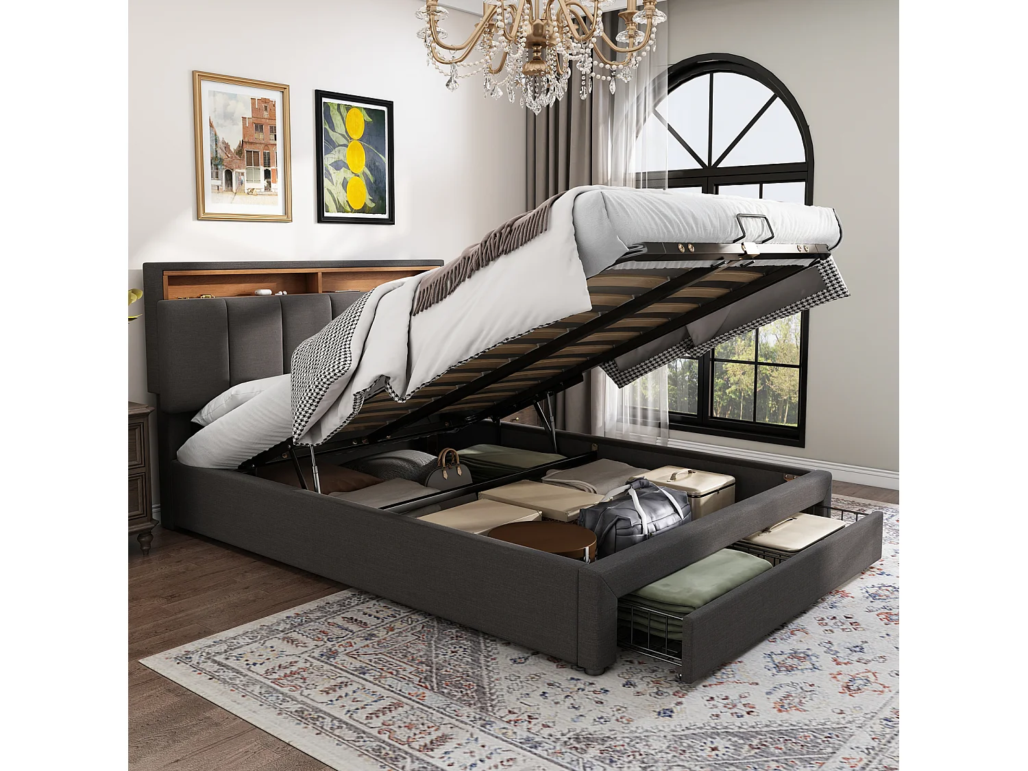 Gestoffeerd bed, 180 x 200 cm, LED-verlichting, lades en grote opbergruimte voor hoofdeinde en beddengoed, grijs
