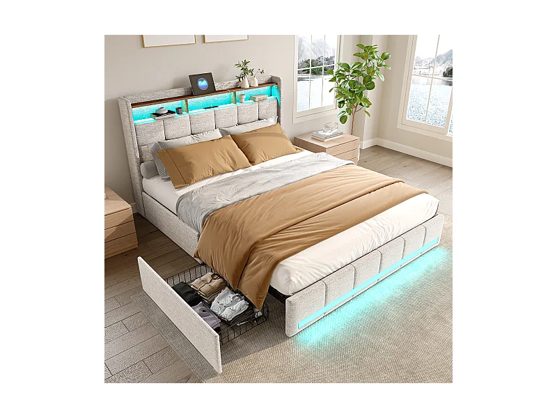 Gestoffeerd tweepersoonsbed 140 x 190 cm, met 4 opbergladen, LED, USB-oplaadstation, beige