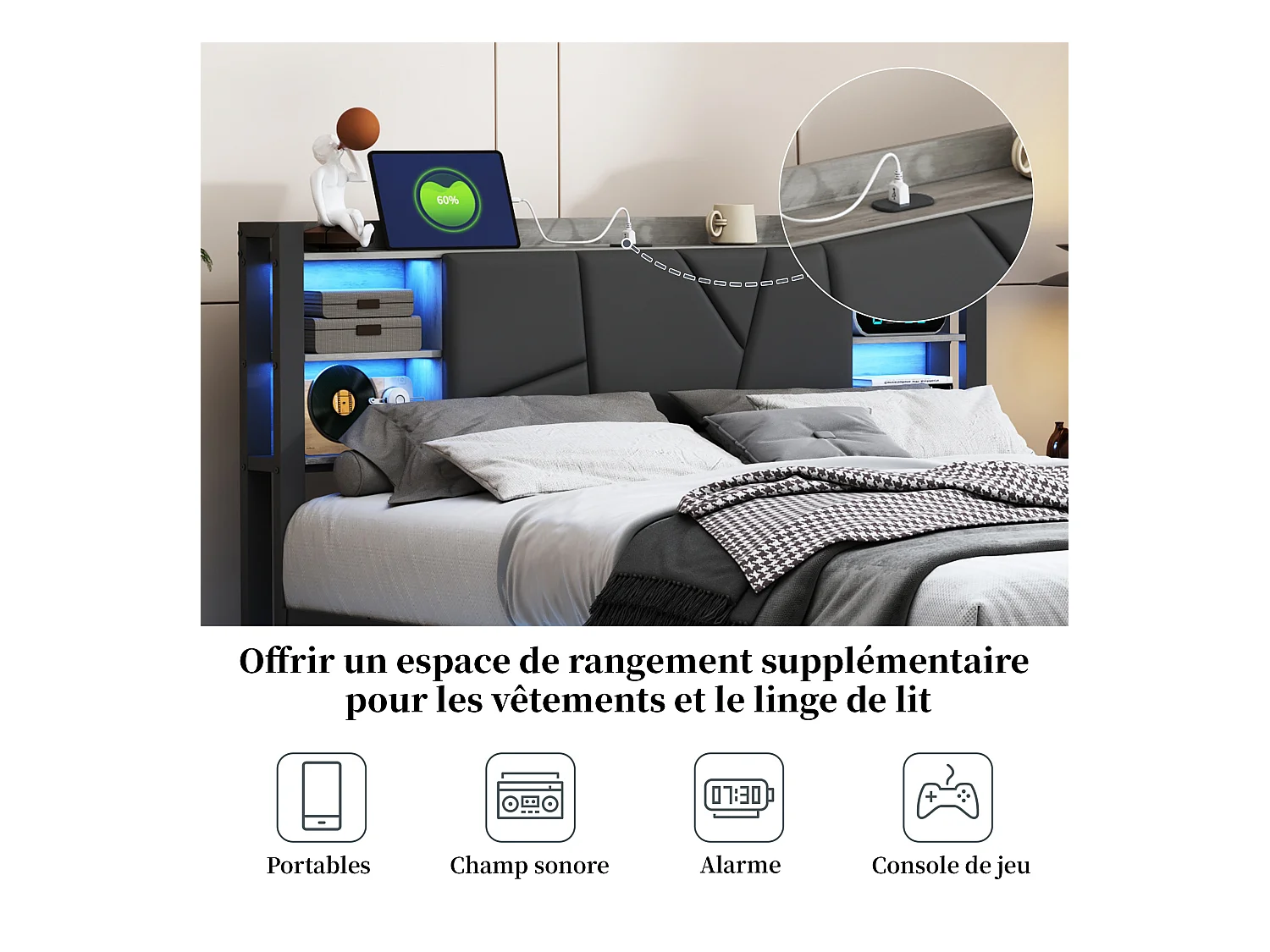 Lit en métal 140 x 200 cm avec LED et USB, lit Double avec sommier à Lattes et Rangement, PU, Noir