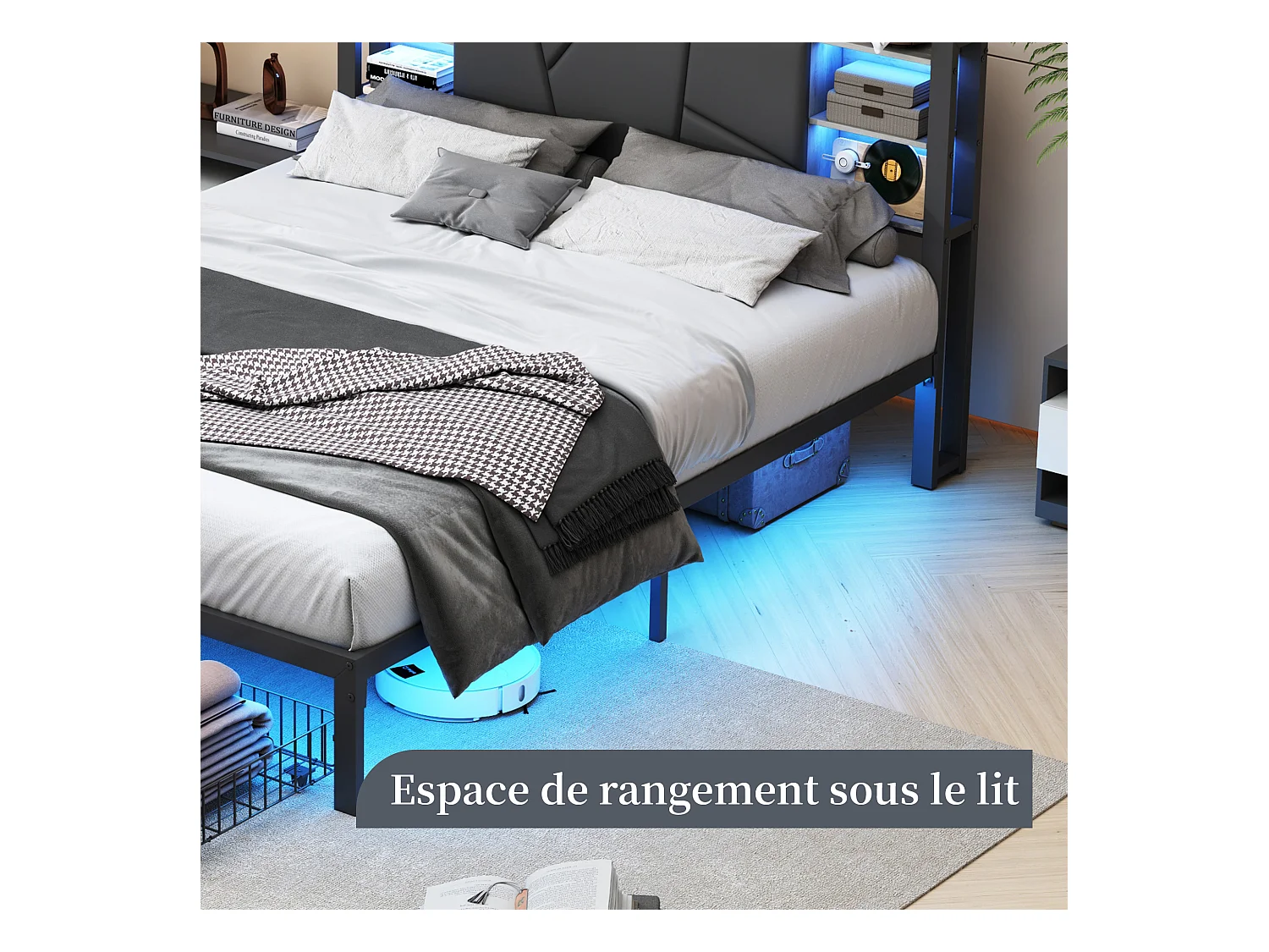 Lit en métal 140 x 200 cm avec LED et USB, lit Double avec sommier à Lattes et Rangement, PU, Noir